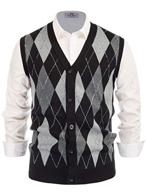 PJ PAUL JONES Men's Sweater Vest Cardigan Button Front Knitwear Contrast Color Argyle Sweater Vest