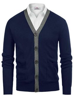 Mens Sweater Cardigan Stylish Contrast Color V-Neck Button Knitwear
