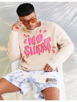knitted sweater with no sweat slogan in brown