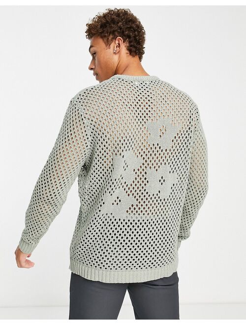Topman oversized knit sweater with floral crochet design in khaki