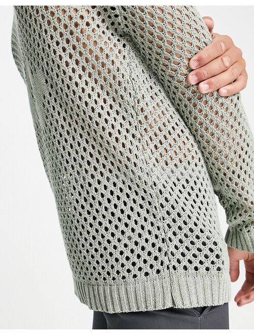 Topman oversized knit sweater with floral crochet design in khaki