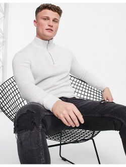 midweight half zip cotton sweater in light gray