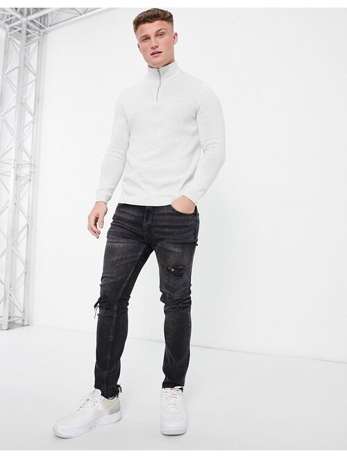 ASOS DESIGN midweight half zip cotton sweater in light gray