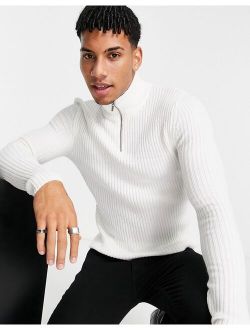 knit muscle fit ribbed half zip sweater in white