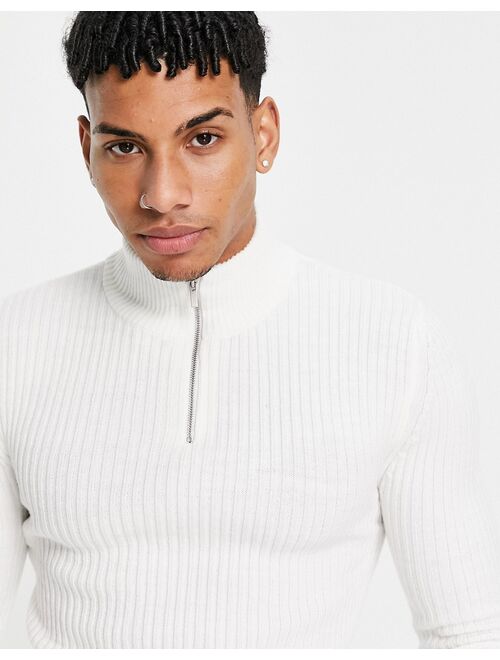 ASOS DESIGN knit muscle fit ribbed half zip sweater in white