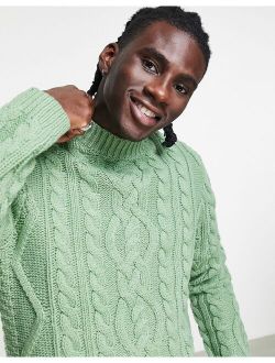 heavyweight cable knit turtle neck sweater in green