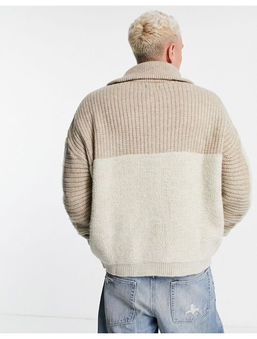 ASOS DESIGN plush color block half zip sweater in ecru