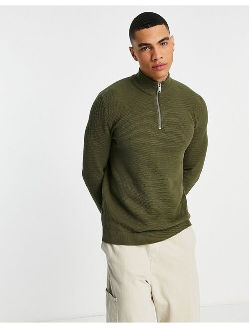 Only & Sons quarter zip sweater in textured green