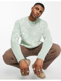 knitted textured rib sweater with all over floral in khaki