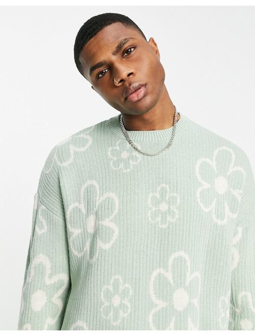 ASOS DESIGN knitted textured rib sweater with all over floral in khaki