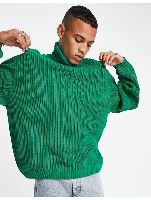 ASOS DESIGN oversized fisherman rib roll neck sweater in bottle green