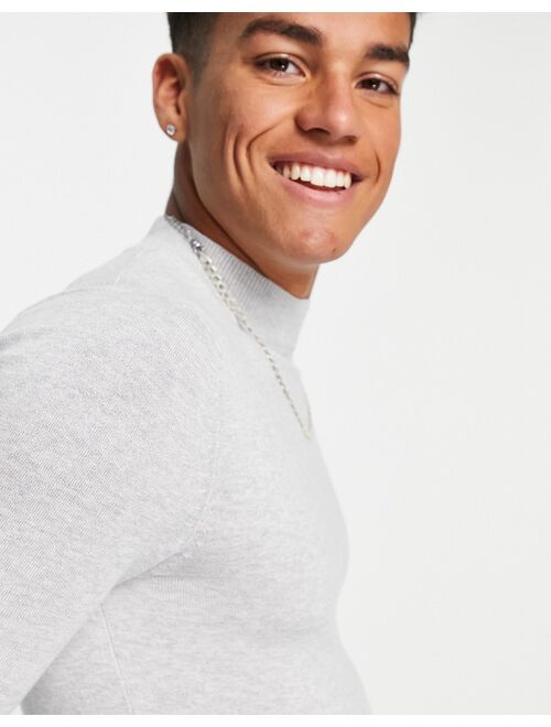 ASOS DESIGN knitted muscle fit turtle neck sweater in light gray
