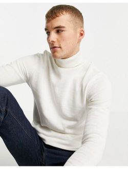 knitted cotton roll neck sweater in white