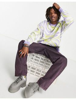 knitted sweater with oil slick pattern in green & purple