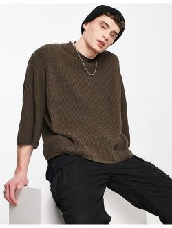 knitted oversized half sleeve rib sweater in brown