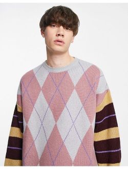 knitted argyle sweater with striped sleeves