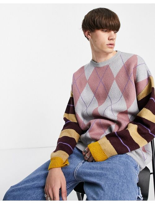 ASOS DESIGN knitted argyle sweater with striped sleeves
