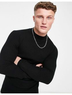 knit muscle fit turtleneck sweater in black