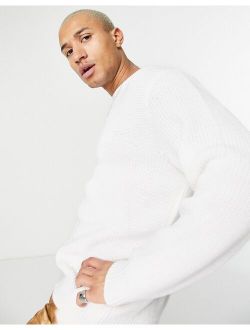 oversized fisherman ribbed knit sweater in white