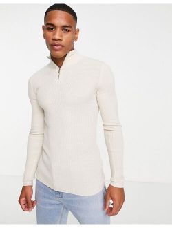 knitted muscle fit rib half zip sweater in oatmeal