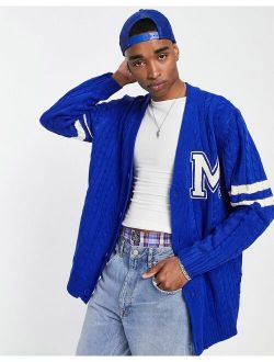 Mennace varsity knitted cardigan in blue with off white embroidery