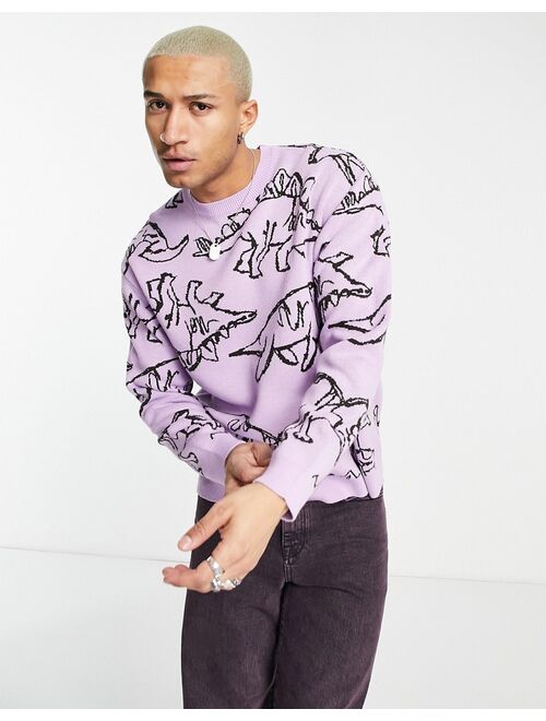 ASOS DESIGN knitted sweater with all over dino pattern in lilac