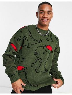 christmas sweater with all over dinosaur jacquard