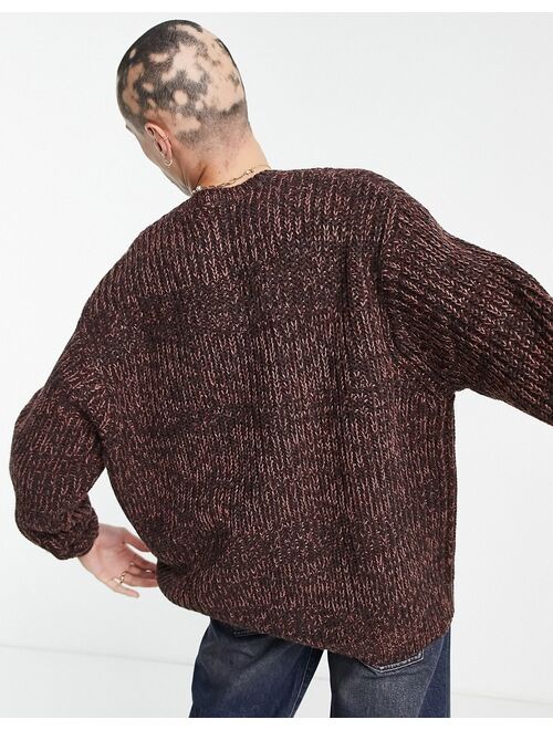 ASOS DESIGN heavyweight fisherman rib crew neck sweater in burgundy twist