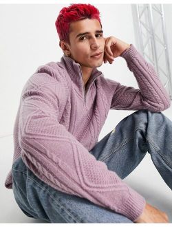 cable knit lambswool half zip sweater in pink