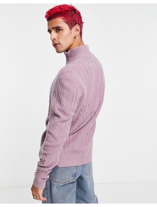 ASOS DESIGN cable knit lambswool half zip sweater in pink