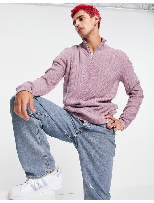 ASOS DESIGN cable knit lambswool half zip sweater in pink