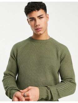 ribbed crew neck sweater in khaki