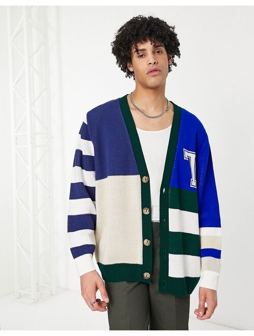 Topman knitted cardigan with collegiate design in blue