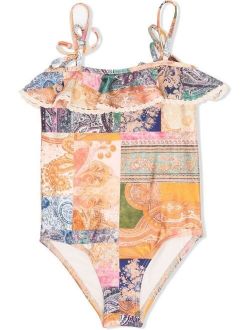 Kids graphic-print frill-detail swimsuit