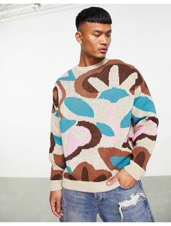 knit abstract pattern sweater in brown