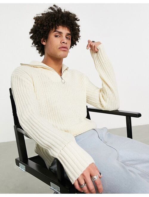 Jack & Jones Originals oversized chunky knit quarter zip sweater in off-white