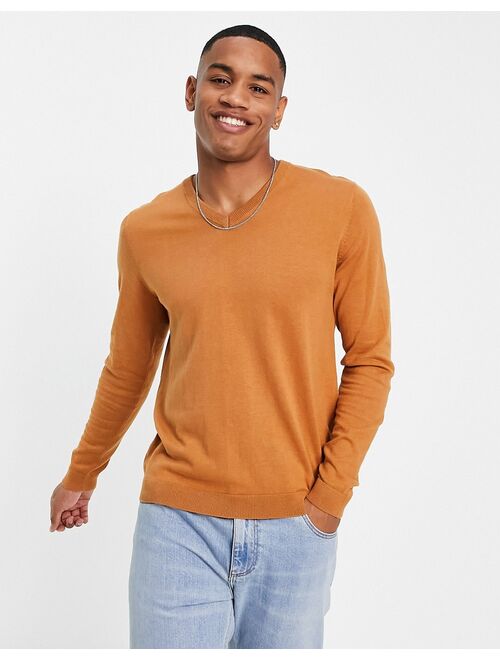 ASOS DESIGN knitted cotton v-neck sweater in light brown