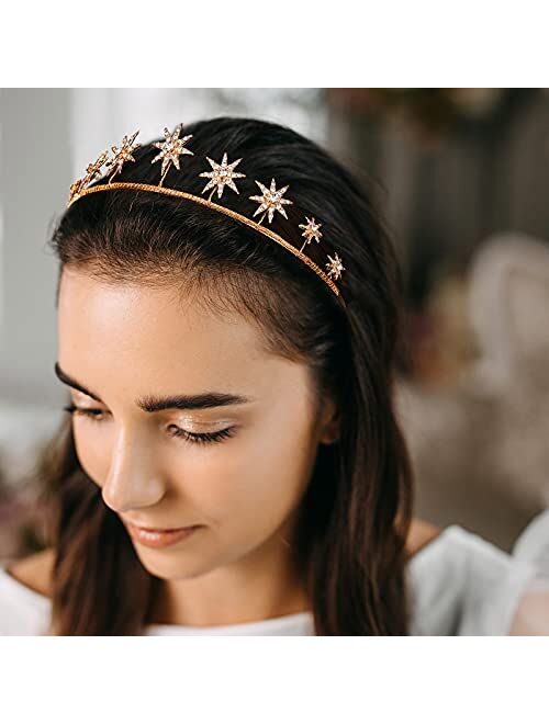 AW BRIDAL Crystal Star Headband Bridal Tiaras Crown Halo Halloween Birthday Party Wedding Hair Accessories for Women Girls (Gold)