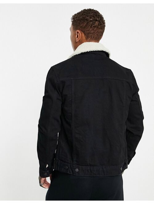 ASOS DESIGN denim jacket with detachable fleece collar in black