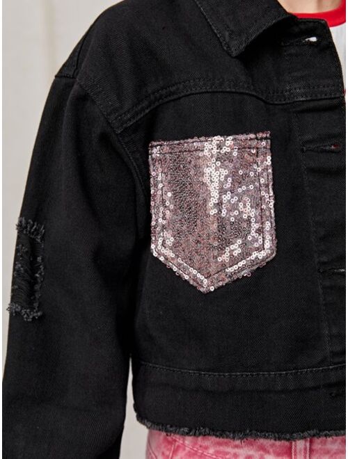 SHEIN Girls Contrast Sequin Patched Pocket Ripped Raw Trim Denim Jacket