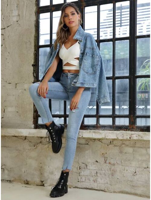 Shein Solid Dual Pocket Denim Jacket