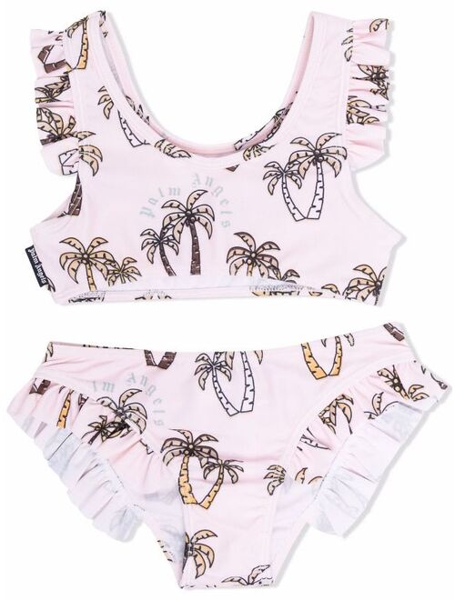 Palm Angels Kids palm-tree print ruffled bikini