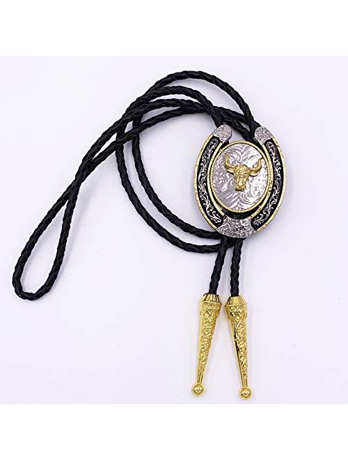 SELOVO Genuine Leather Western Cowboy Lucky Longhorn Bull Horseshoe Bolo Tie for Men Native American