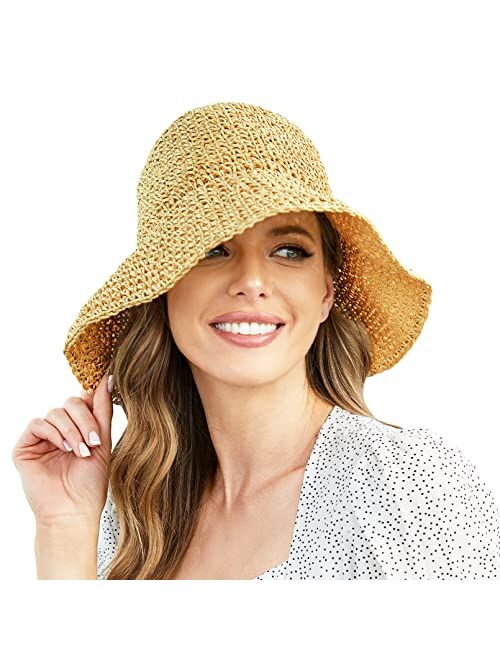 Rainflowwer Women's Straw Bucket Hat, Sun Straw Hat, Woven Wide Brim Hat Foldable Roll up Floppy Beach Hats