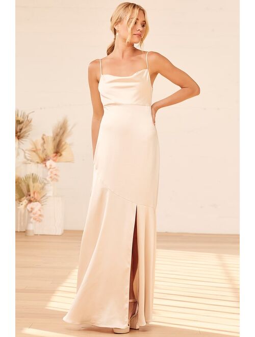 Lulus Moment in the Spotlight Champagne Satin Cowl Neck Maxi Dress