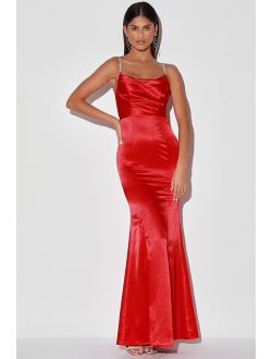 Luxe Take Red Satin Rhinestone Cowl Neck Maxi Dress