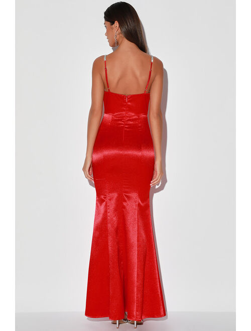 Lulus Luxe Take Red Satin Rhinestone Cowl Neck Maxi Dress