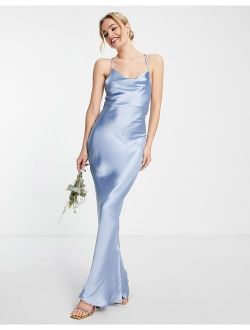 Bridesmaid cami maxi slip dress in high shine satin with lace up back in powder blue