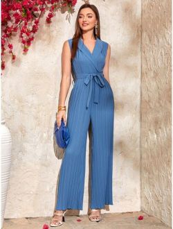Shawl Collar Pleated Belted Shirt Jumpsuit