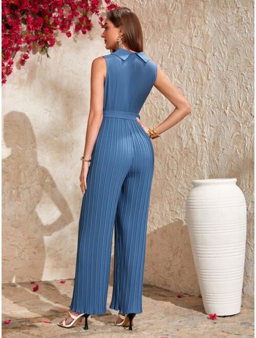 Shein Shawl Collar Pleated Belted Shirt Jumpsuit